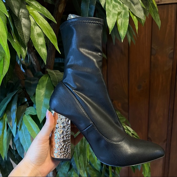 Qupid Black Faux Leather Ankle Sock Booties with Gold Heels